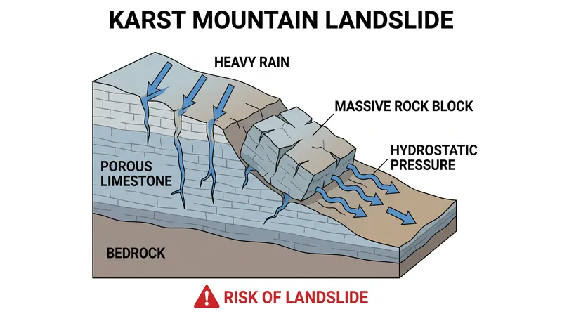 How extreme rainfall infiltrates porous karst topography, reducing friction and triggering structural failure.