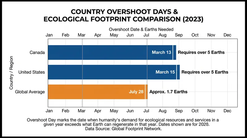 If the global population consumed resources at the rate of North American residents, Earth Overshoot Day would fall in March.