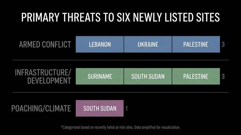 Armed conflict and unchecked development are the leading drivers of emergency heritage listings in 2026.