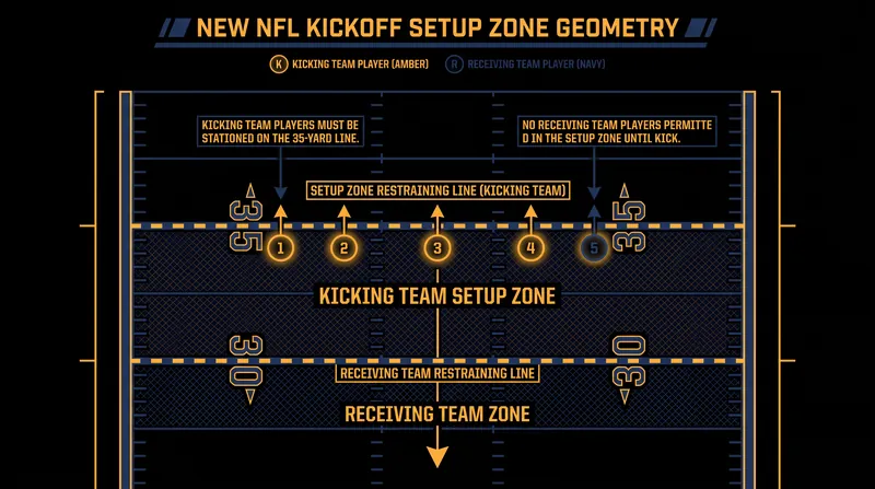 The new alignment rules mandate exactly five players on the restraining line, altering the blocking angles for the receiving team.
