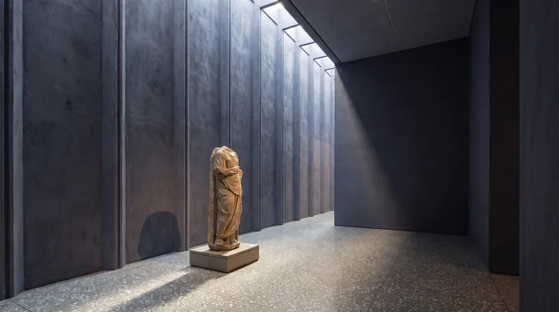 Zumthor's material palette relies on raw concrete, terrazzo, and natural light to create an atmospheric viewing experience.