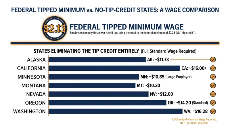 Seven states now require restaurants to pay the full standard minimum wage before tips are factored in.