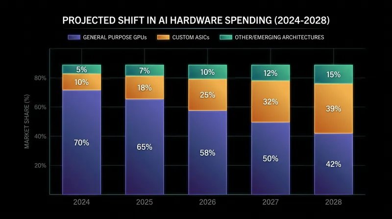 Industry analysts project custom silicon will capture a rapidly growing share of total AI infrastructure spending over the next five years.