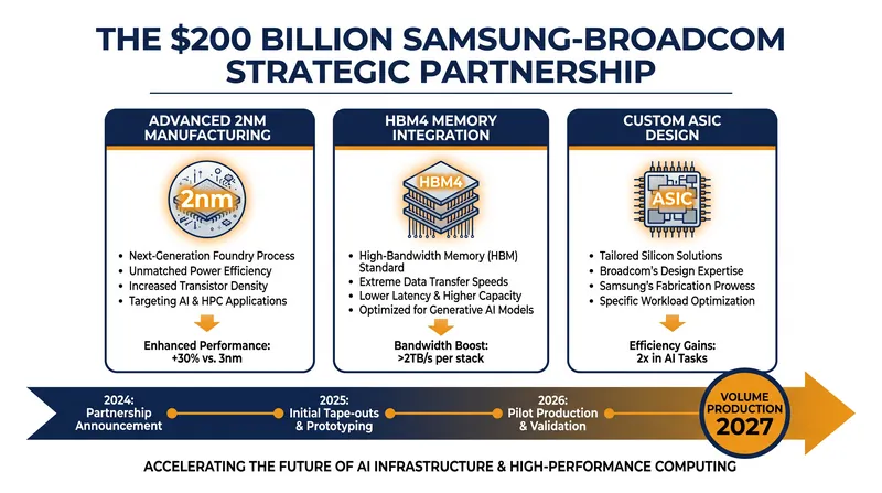 The $200 billion partnership combines Broadcom's design architecture with Samsung's manufacturing and memory capabilities.
