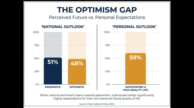 The 'Optimism Gap' highlights the stark divergence between how Americans view the country versus their own lives.