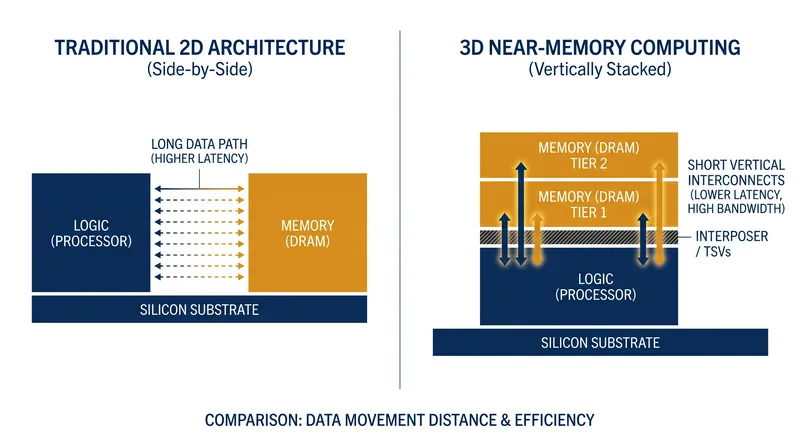 How 3D near-memory computing compresses data travel distance compared to traditional 2D layouts.