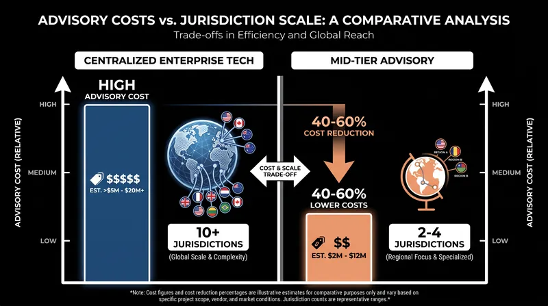 Comparing the scale and cost trade-offs between Big Four enterprise engines and mid-tier advisory networks.