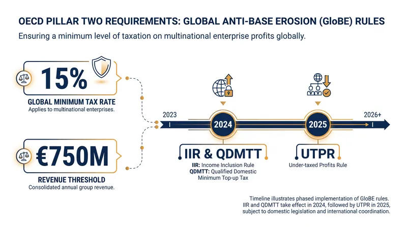 The core thresholds and implementation timeline for the OECD's Pillar Two framework.