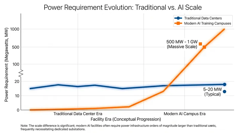 Modern AI campuses require exponentially more power than traditional cloud facilities.