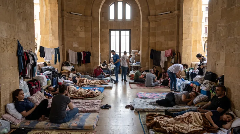 Displaced civilians shelter in a repurposed school in Beirut as the conflict prevents their return home.