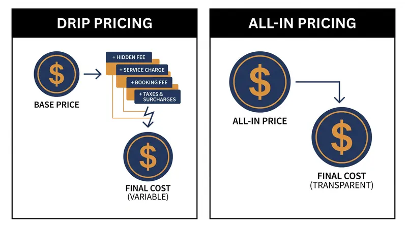The shift to all-in pricing forces mandatory service and convenience fees into the advertised headline price.