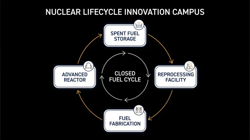 Unlike traditional storage, the new campuses aim to reprocess spent fuel to power a new generation of advanced reactors.
