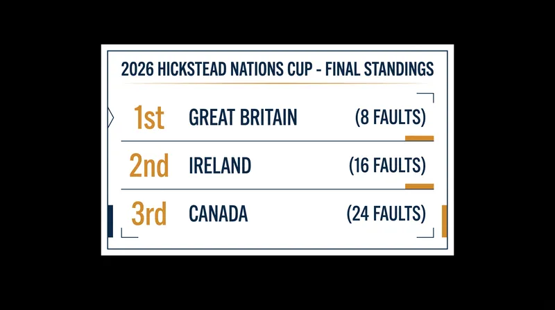 Final standings for the top three nations at the 2026 Agria Nations Cup of Great Britain.