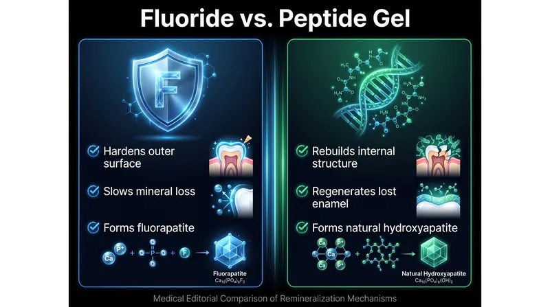 While fluoride protects existing enamel, peptide-based gels actively rebuild the complex microarchitecture that has been lost.