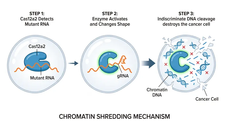 How RNA-triggered chromatin shredding destroys cancer cells while sparing healthy tissue.