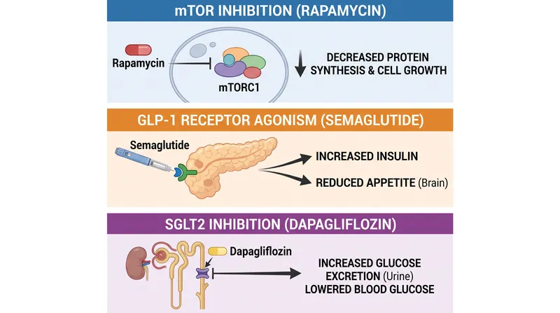 The three FDA-approved drugs target different biological mechanisms associated with aging.