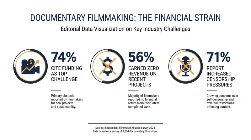 Data from the 2026 Center for Media and Social Impact report highlights the severe economic and editorial pressures facing the documentary field.