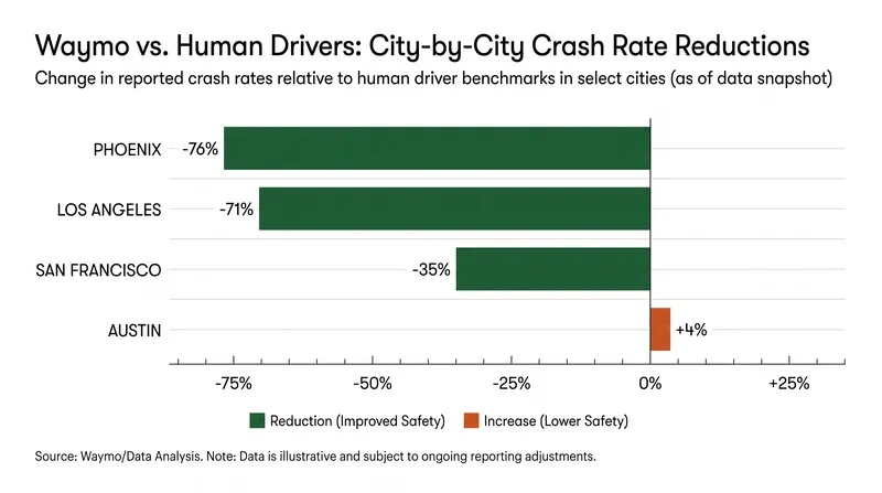Crash rate reductions varied by city, with Phoenix showing the largest safety margin.