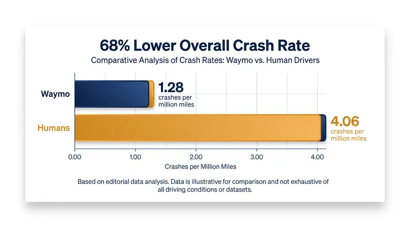 Waymo vehicles recorded 1.28 police-reportable crashes per million miles, compared to 4.06 for human drivers.