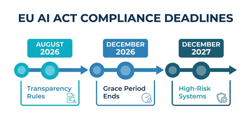 The phased enforcement timeline for the EU AI Act, updated following the 2026 Digital Omnibus amendments.
