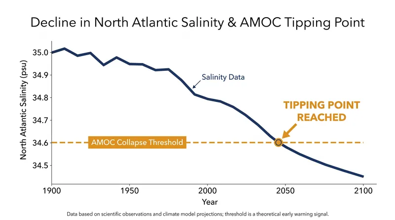 Freshwater influx from melting ice is driving salinity toward a critical minimum threshold.