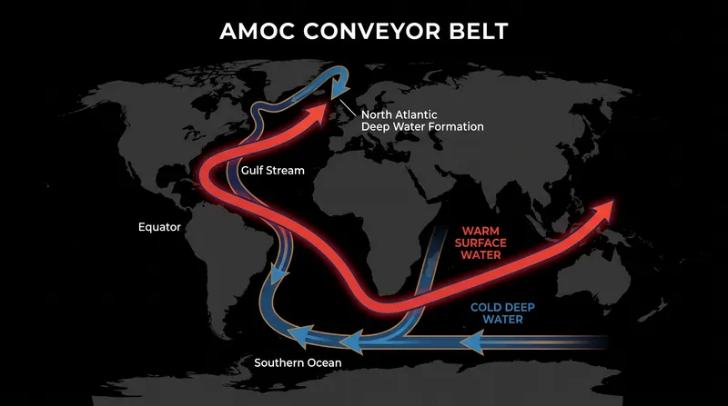 The AMOC acts as a global conveyor belt, transporting heat northward and cold water southward.