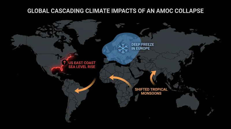 An AMOC collapse would trigger severe, cascading climate impacts across multiple continents.