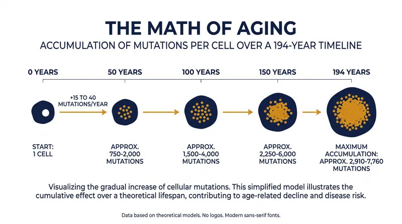 Human cells accumulate between 15 and 40 permanent mutations annually, creating a mathematical limit to cellular viability.