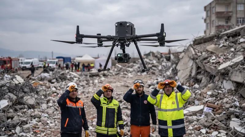Thermal-imaging drones are deployed to detect the body heat of survivors trapped beneath the rubble.