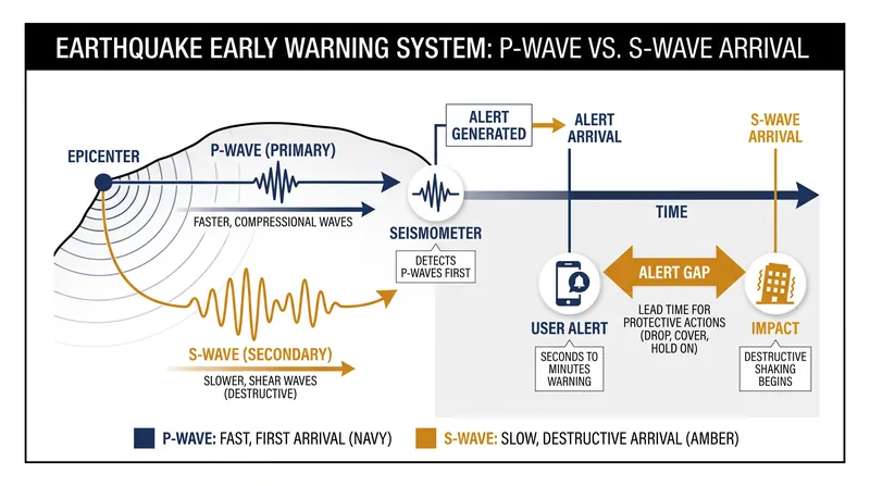 Japan's early warning system detects fast-moving P-waves to issue alerts before destructive S-waves arrive.