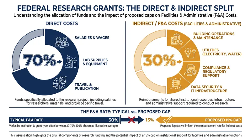 How federal research grants are divided between direct project expenses and shared institutional infrastructure.