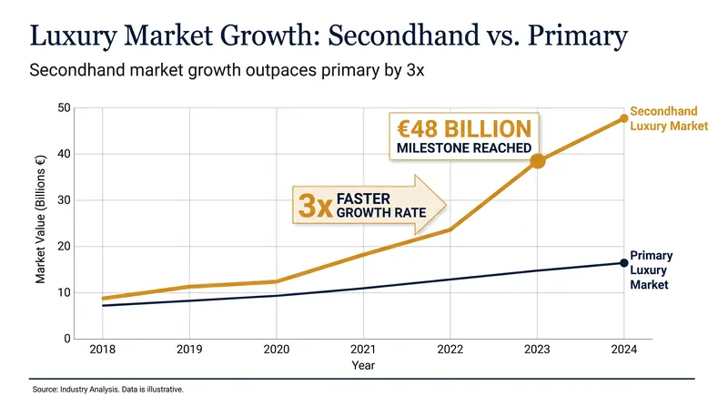 Resale is currently expanding at roughly three times the rate of the primary luxury goods sector.