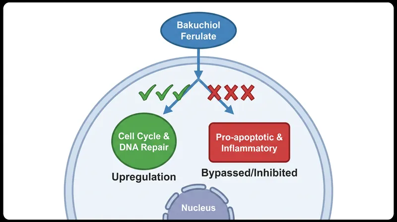 Transcriptomic profiling reveals that the hybrid compound triggers skin renewal genes without activating inflammatory pathways.