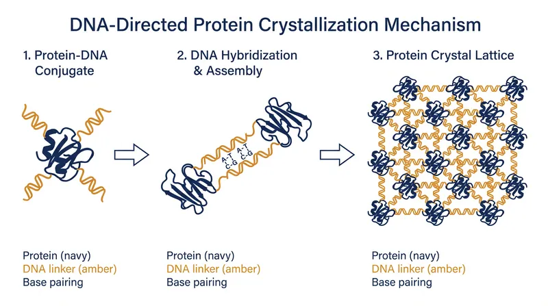 How DNA base-pairing acts as a programmable scaffold to assemble protein crystals.