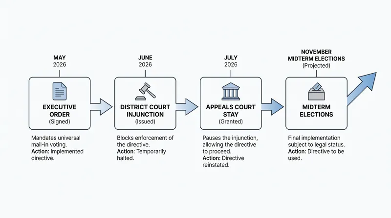 The legal timeline of the executive order leading up to the 2026 midterm elections.