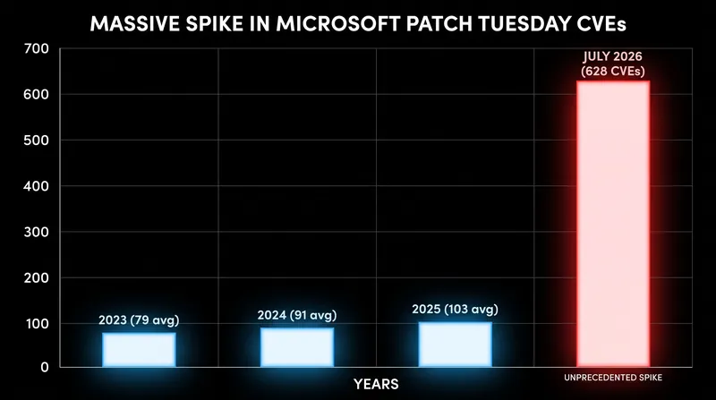 Microsoft's July 2026 Patch Tuesday addressed a record-shattering 628 vulnerabilities, driven by AI discovery.