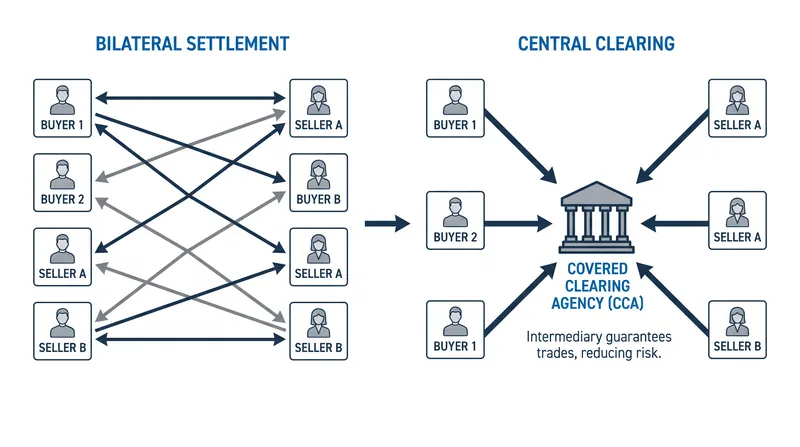 Central clearing inserts a guaranteed counterparty between buyers and sellers, mitigating systemic risk.