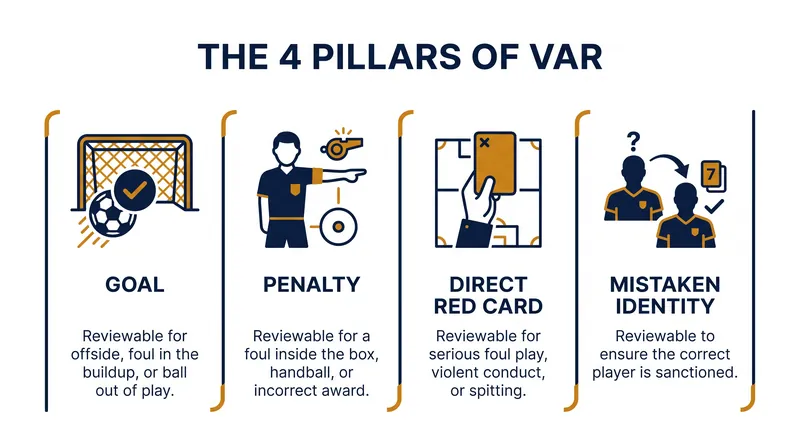 Under current IFAB laws, VAR is only permitted to intervene in four specific match-changing scenarios.