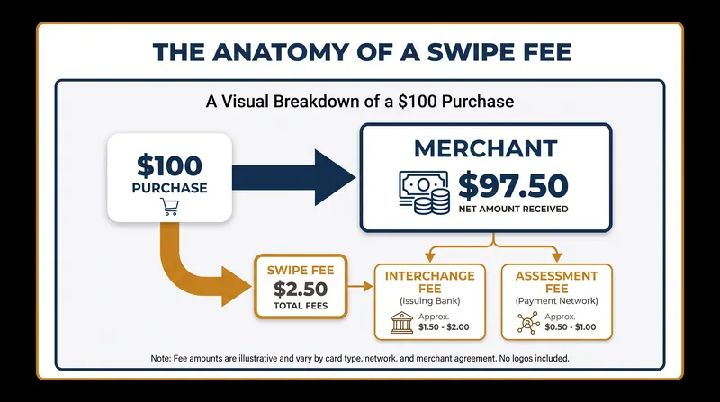A typical 2.5% swipe fee is divided between the bank that issued the card and the network that processed the transaction.