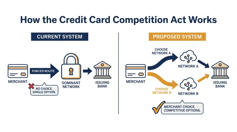 The CCCA would require large banks to offer at least two routing networks, forcing networks to compete for the merchant's business.
