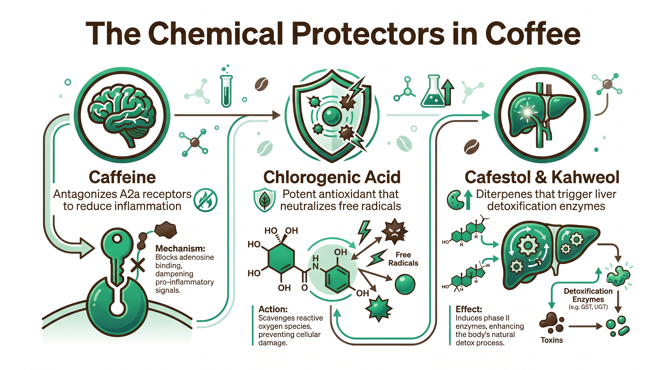 The primary compounds in coffee responsible for its protective effects on hepatic tissue.