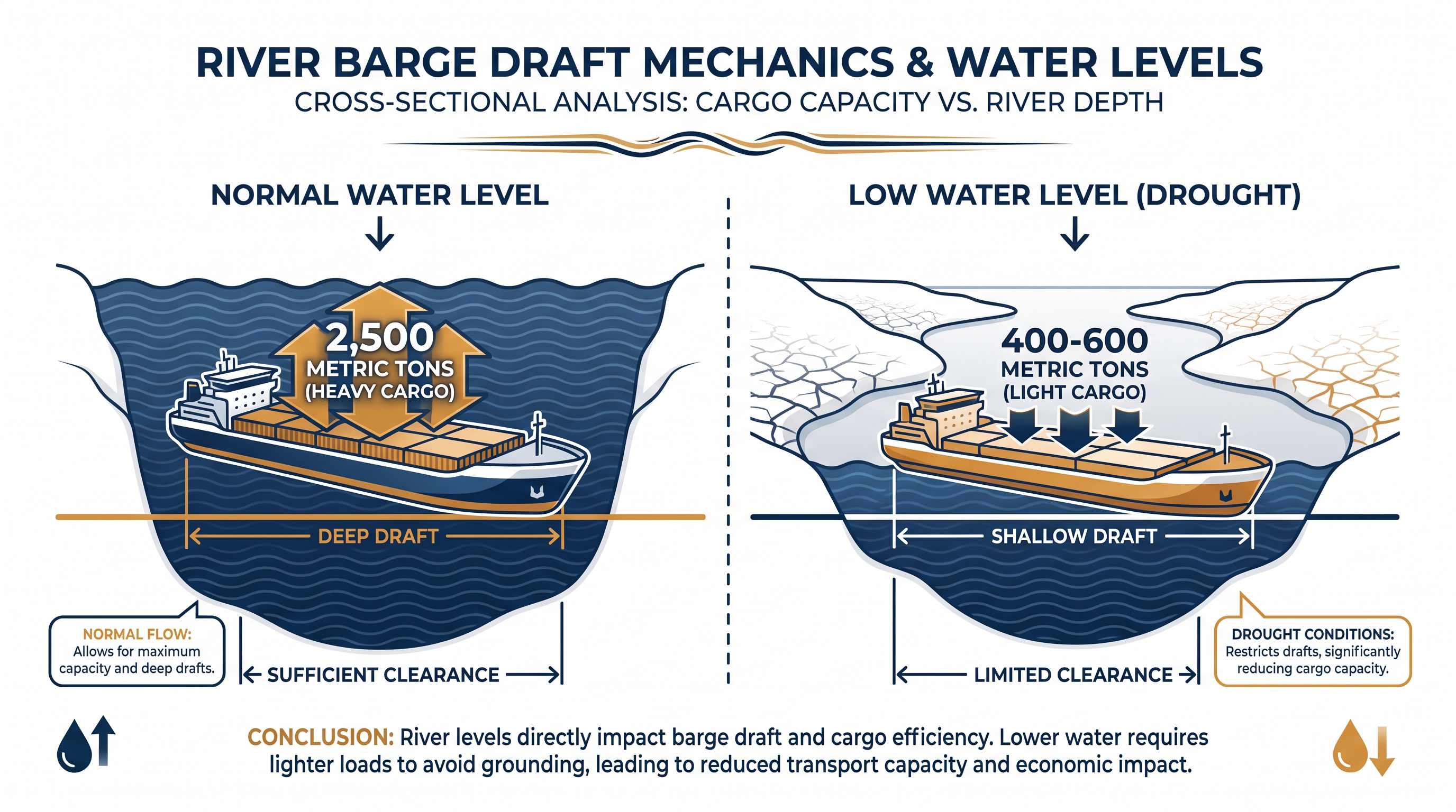 How dropping water levels force inland ships to slash their cargo weight to maintain a safe draft.
