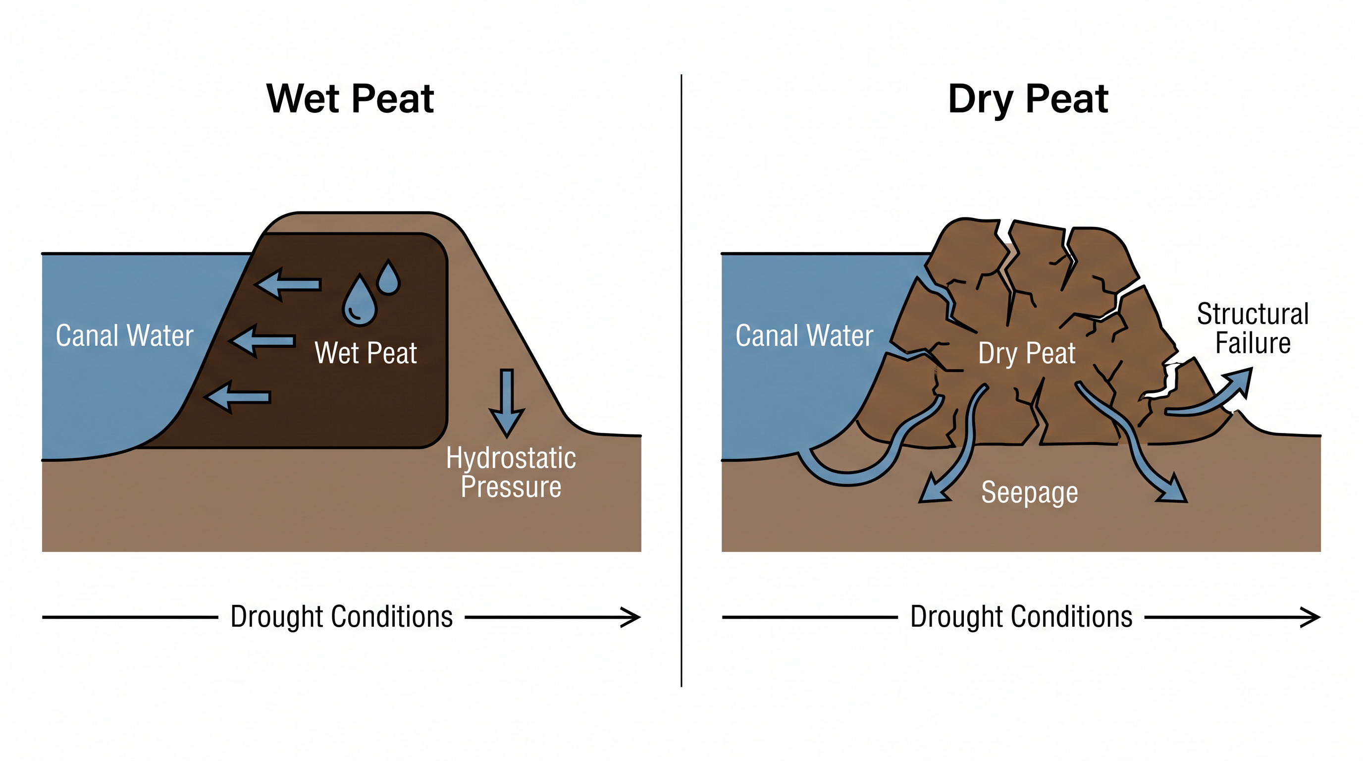 The mechanics of a peat dike: why losing moisture causes the structure to lose its protective weight.