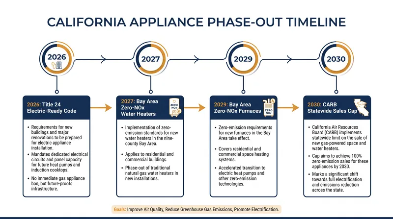 The timeline for California's transition away from natural gas appliances.