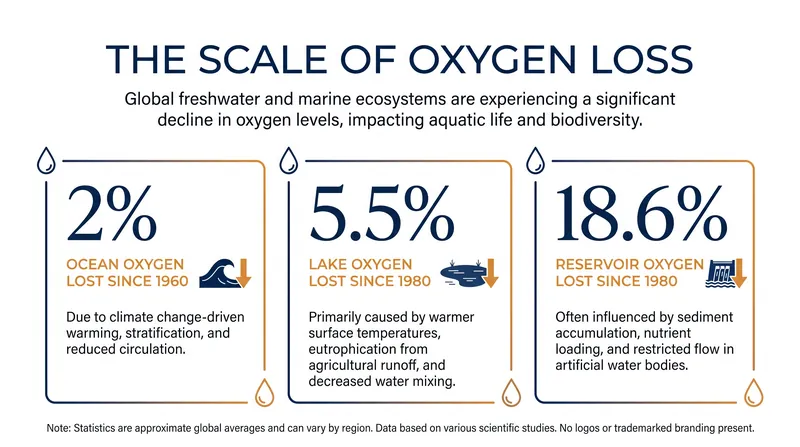 Freshwater lakes and reservoirs are losing dissolved oxygen at a significantly faster rate than the open ocean.