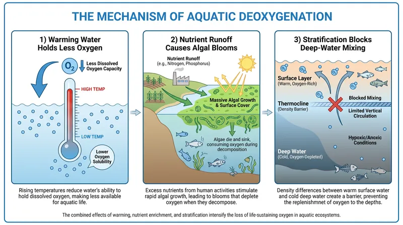 The dual drivers of oxygen loss: rising global temperatures and nutrient pollution from agricultural runoff.