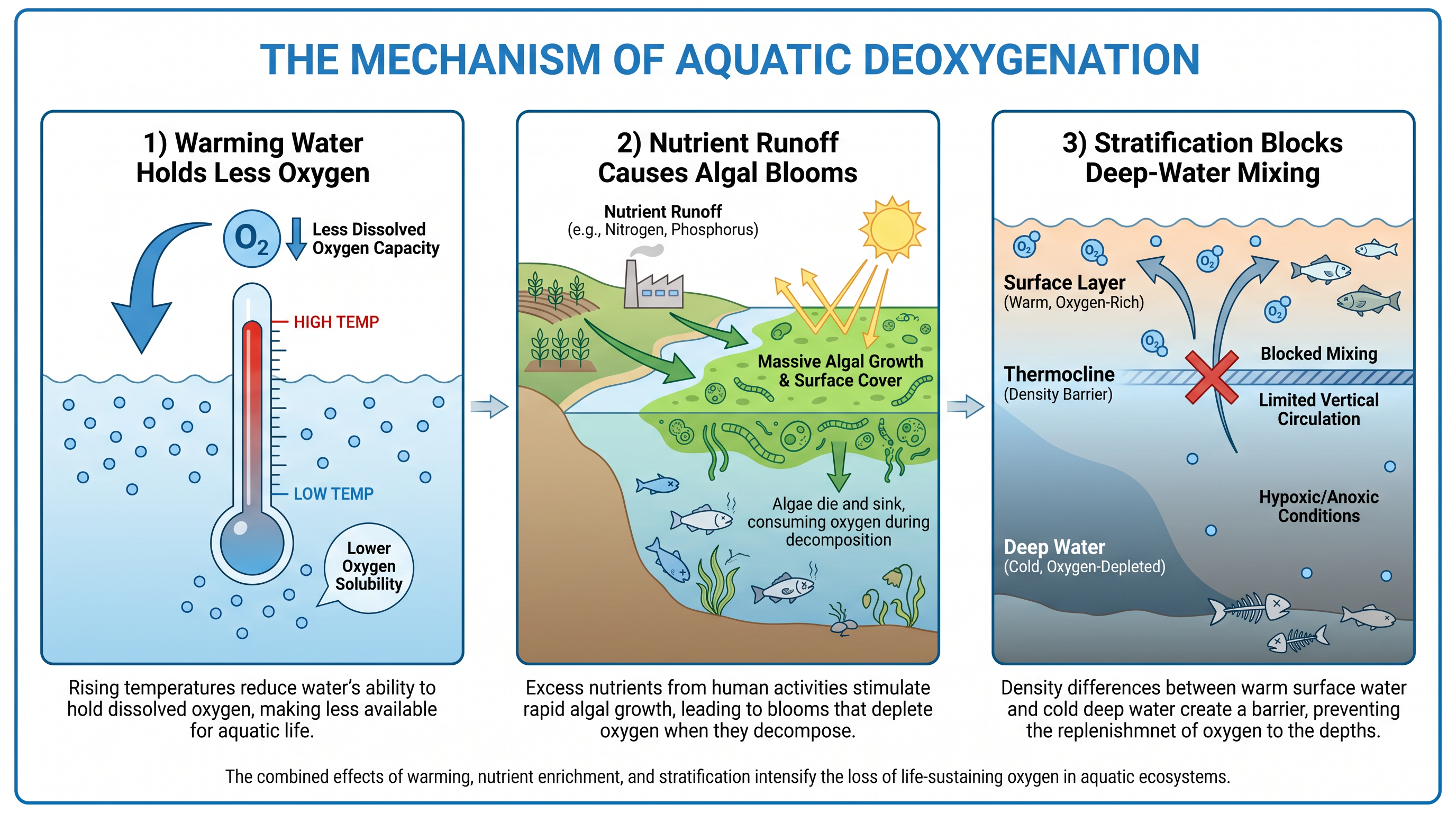 The dual drivers of oxygen loss: rising global temperatures and nutrient pollution from agricultural runoff.