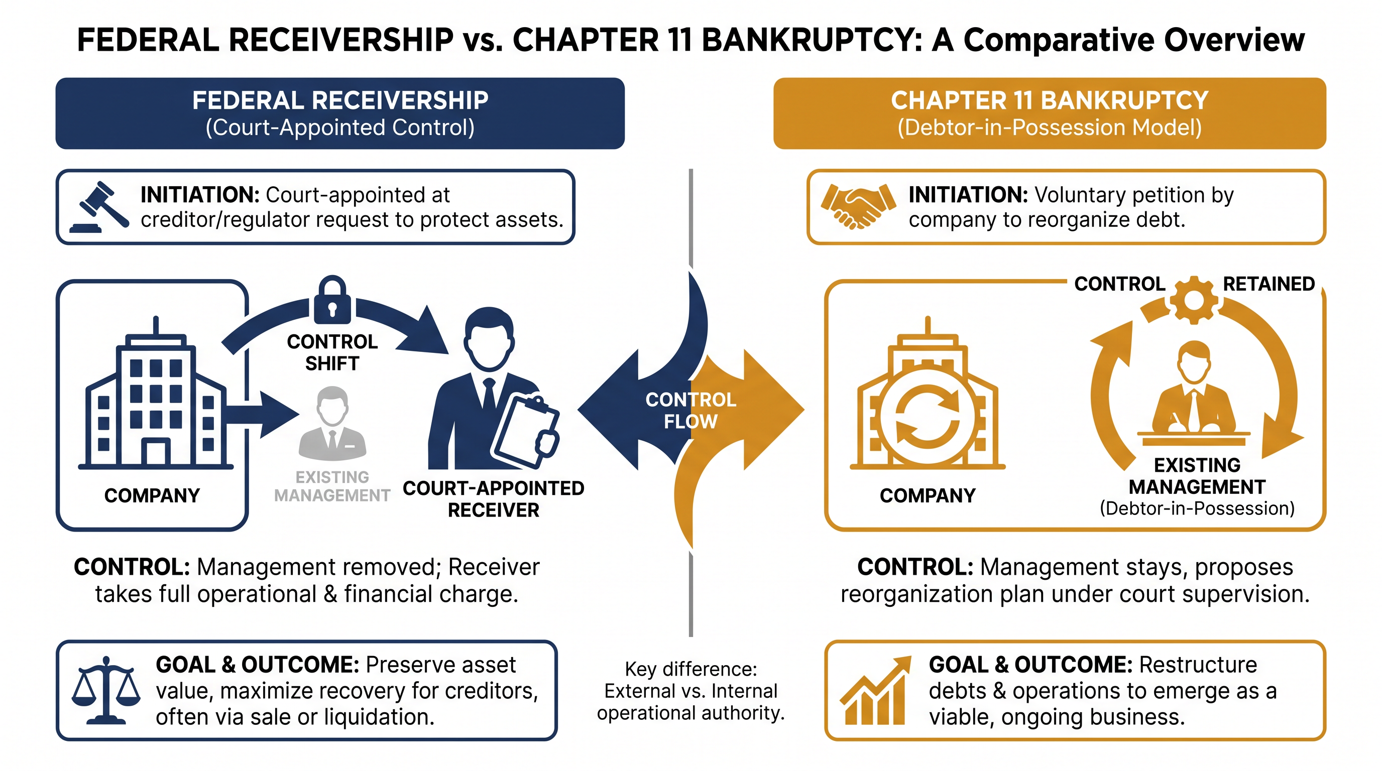 Unlike Chapter 11 bankruptcy, a federal receivership entirely strips founders of operational control.