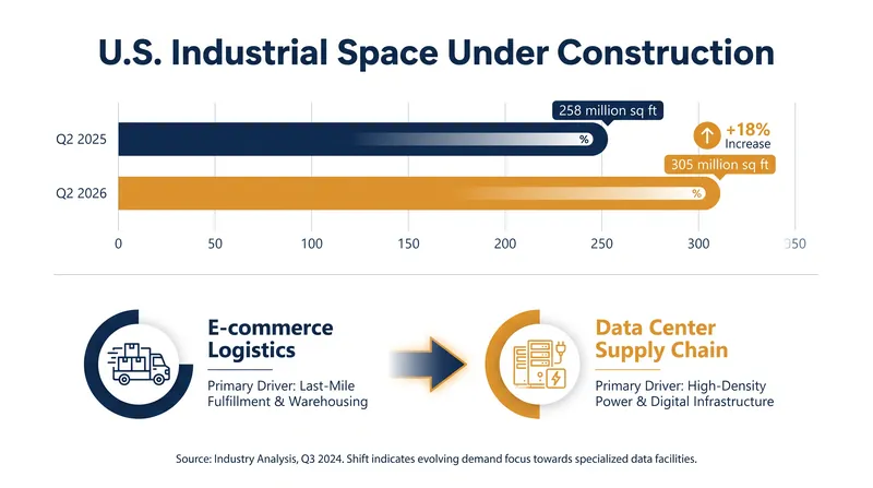 Warehouse construction has rebounded, driven by the physical supply chain required for AI infrastructure.