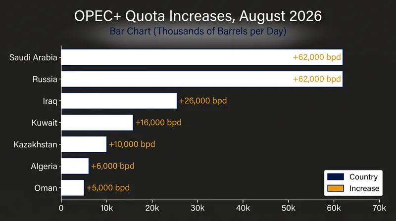 The 188,000-barrel August increase is distributed among the seven core members who volunteered for extra cuts in 2023.